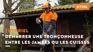 Tronçonneuse thermique MS 170 STIHL  Démarrer une tronçonneuse entre les jambes ou les cuisses [upl. by Amlev]