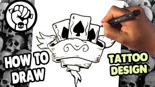 How to Draw Cards and Scroll Parchment Tattoo Design  Skull Tattoo Art [upl. by Hepsoj]