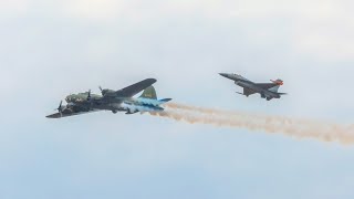 WW2 airplanes fly together with F16 at airshow  Spitfire and B17  F16AM [upl. by Omor]