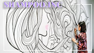 Hair Salon Mural Painting in Toronto ON  HandDrawn Black Ink Wall Art Time Lapse Video [upl. by Kask787]