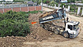 Powerful KOMATSU D58E Bulldozer Clearing Forest and Push Soil to fill land with 25ton Dump Trucks [upl. by Brower252]