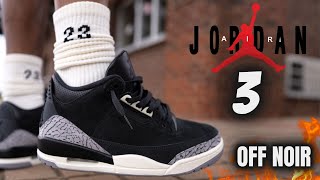 JORDAN 3 OFF NOIR DETAILED REVIEW amp ON FEET W LACE SWAPS [upl. by Baxy]