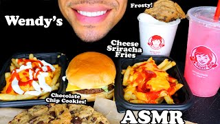 ASMR Wendys Cheese Sriracha Sauce Fries Cheeseburger Frosty Chocolate Chip Cookie Eating Show Jerry [upl. by Gaylene598]