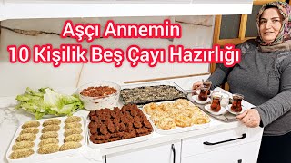 AŞÇI ANNEMİN 10 KİŞİLİK 4 ÇEŞİT BEŞ ÇAYI HAZIRLIĞI  ÇİĞ KÖFTE KURABİYE SALATA BÖREK TATLI [upl. by Farlee]