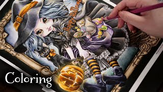 【大人の塗り絵】ハロウィン塗り絵をリアルブラッシュと色鉛筆で塗ってみたよ【コロリアージュ】 [upl. by Ednew608]