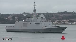 FRENCH NAVY FS BRETAGNE D655 LEAVES DEVONPORT NAVAL BASE AT DEVILS POINT 21823 [upl. by Whale]