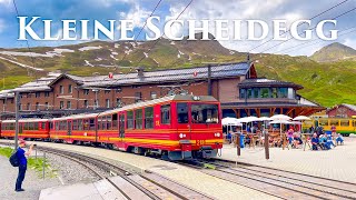 Kleine Scheidegg  Wengen  Lauterbrunnen  Most Beautiful Train Ride in Switzerland 4K Video [upl. by Ellekim]