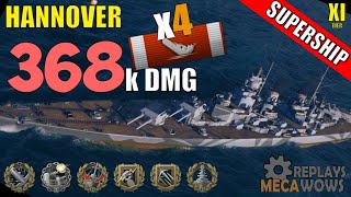 SUPERSHIP Hannover 368k Damage amp 4 Kills  World of Warships Gameplay [upl. by Alenairam]