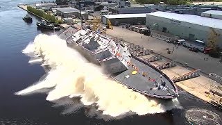 US Navy Launches New Warship Sideways Into Water — USS Billings Christening and Launch [upl. by Torres]