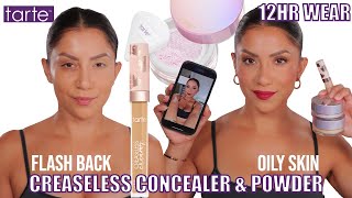 TARTE COSMETICS CREASELESS CREAMY CONCEALER amp LOOSE SETTING POWDER 12HR WEAR TEST oily skin  MJ [upl. by Rodolph]