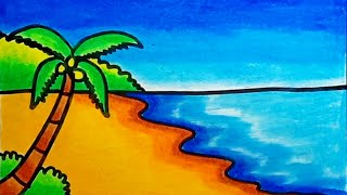 How To Draw Beach Scenery Very Easy Step By Step  Drawing Beach Scenery For Beginners [upl. by Adliwa]