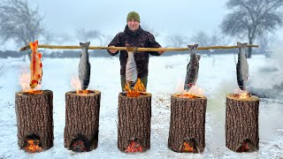 Caught And Cooked Trout Inside Logs Life In The Distant Snowy Mountains [upl. by Casmey980]