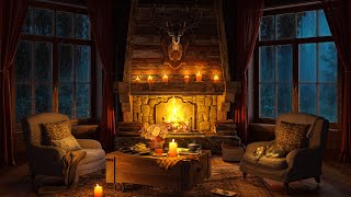 Rainy Night at Cozy Room Ambience with Smooth Jazz Music 🔥 Fireplace Rain Sounds to Work amp Sleep 4K [upl. by Gibbons]