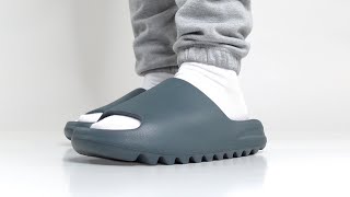 FIRST LOOK Yeezy Slide Slate Marine SIZING Update [upl. by Ainocal354]