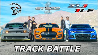 2020 Mustang Shelby GT500 vs Camaro ZL1 1LE vs Hellcat Redeye  DRAG RACE ROLL RACE amp LAP TIMES [upl. by Oicinoid]