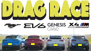 Kia EV6 GT vs Genesis GV60 Performance vs Ford MachE GT vs BMW X4M Competition Drag and Roll Race [upl. by Shreve]