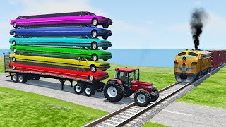 Double Flatbed Trailer Truck vs Speedbumps Train vs Cars  Tractor vs Train BeamngDrive 050 [upl. by Lindsy370]