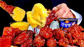 ASMR 매콤달콤 양념치킨파티🍗자메이카 통다리 양념치킨 양념멘보샤 치즈소스 찍먹방 Sweet Spicy Chicken With spicy Noodles MuKBang [upl. by Yralih]