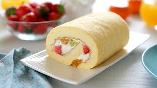 How to make Japanese fruit roll cake recipe  Cách làm bánh bông lan cuộn kem tươi hoa quả [upl. by Idnir190]