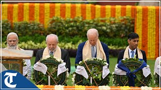 G20 Summit Glimpses of world leaders delegates paying tributes to Mahatma Gandhi at Rajghat [upl. by Yecrad]