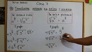 clase 7  convertir potencias en raices y raices en potencias [upl. by Enidaj]