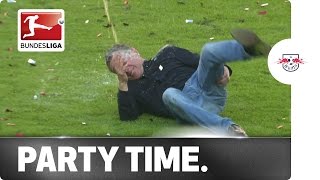 Promoted Leipzigs Head Coach Rangnick Injures Himself in Celebrations [upl. by Ahsirtak]