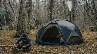 Winter Camping in 5°C Geodesic Hot Tent amp Folding Woodstove [upl. by Aytida]