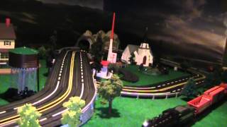 AFX Tyco Aurora Ideal Auto World slot car track Ho layout with train Chattanooga choo choo [upl. by Aicener]