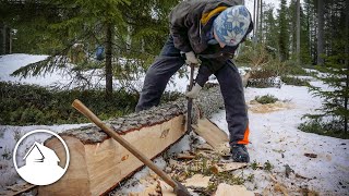 Project log cabin  Hand hewing the ridgepole [upl. by Marlane]