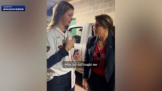 Tim Wakefields daughter shows Mass governor how to throw knuckleball [upl. by Sean]