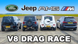 Defender V8 v Jeep 392 v AMG G63 v X7 M50 DRAG RACE [upl. by Gustafsson]