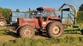 Fiat 1380 John Deere 3760 trailed forage harvester Ford 6810 on trailer Grass July 2021 [upl. by Aisanahta]