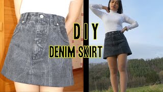 DIY Denim Skirt from Jeans  How to Convert Mens Jeans Into a Mini Skirt  DIY High Waisted Skirt [upl. by Beitnes]