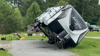 RV Being Winched Back Up After High Winds Pushed it Over [upl. by Eidnalem]