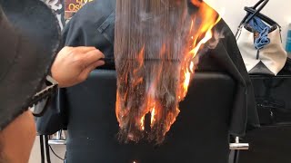 California Hair Stylist Sets Clients Hair on Fire to Get Rid of Split Ends [upl. by Emmye361]