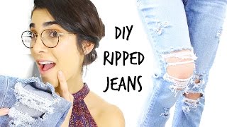 DIY Ripped Boyfriend Jeans  Quick amp Easy Tutorial [upl. by Luci]