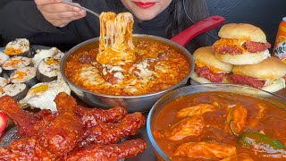 ASMR EATING SPICY NOODLESCHEESY NOODLESKOREAN FRIED CHICKENSPICY BURGERKIMBAPCHILLI MOMO [upl. by Sifan537]