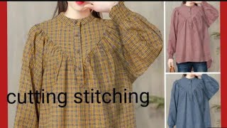 Korean style girls top cutting and stitching long sleeve check high low shirt loose casual top [upl. by Domela]