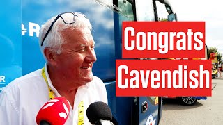 Patrick Lefevere Congratulates Mark Cavendish For Record In The Tour de France 2024 [upl. by Ramej]