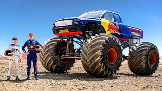 F1 Drivers Race HUGE Mega Trucks Max Verstappen vs Yuki Tsunoda [upl. by Coridon]