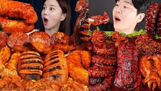 Mukbang ASMR Giant Fish Roe fish egg 🦑 Spicy Squid Seafood Boil Caramari Recipe [upl. by Imnubulo]