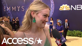 Emmys 2018 Dakota Fanning Raves About Her Gorgeous Emerald Dior Gown  Access [upl. by Atiner]