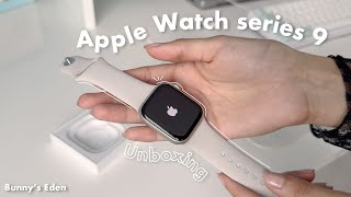 Unboxing Apple Watch series 9 starlight💫  Small wrist fit screen protector install aesthetic [upl. by Hansiain]