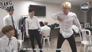 ENG 160922 BANGTAN BOMB RM and Jin Dance Stage Behind the scene for BTS DAY PARTY 2016 [upl. by Lrak]