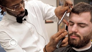 Short Textured Haircut with Shaved Lines and Beard Trim  South Austin Barber Shop [upl. by Inalan]