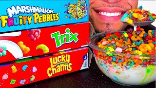 LUCKY CHARMS VS TRIX VS FRUITY PEBBLES CEREAL MUKBAN CHALLENGE EATING MOUTH SOUNDS NO TALKING ASMR [upl. by Rovelli]