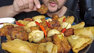 ASMR Eating Indian Food CHICKEN PAKORAS CHICKEN WONTONS VEGETABLE PAKORAS VEGETABLE SAMOSAS Mukbang [upl. by Quinta]