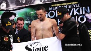 HBO Boxing News Golovkin vs Rubio WeighIn [upl. by Aikat]