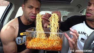 EXTREME SPICY CHEESE RAMEN NOODLE CHALLENGE  MUKBANG hodgetwins [upl. by Nerrag]