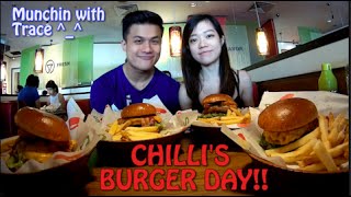 MUKBANG 4 BURGERS  Chilis Burger Day  Munchin with Trace [upl. by Doniv927]